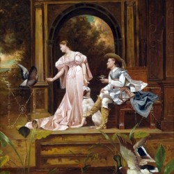A young couple with birds and a dog
